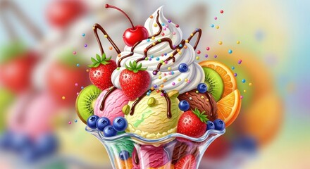 A colorful ice cream sundae with strawberries, cherries, and various toppings.