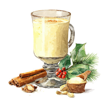 Watercolor illustration of Eggnog, vector artwork, isolated on white background.