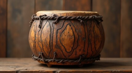 African tribal drum with carved geometric patterns on wood
