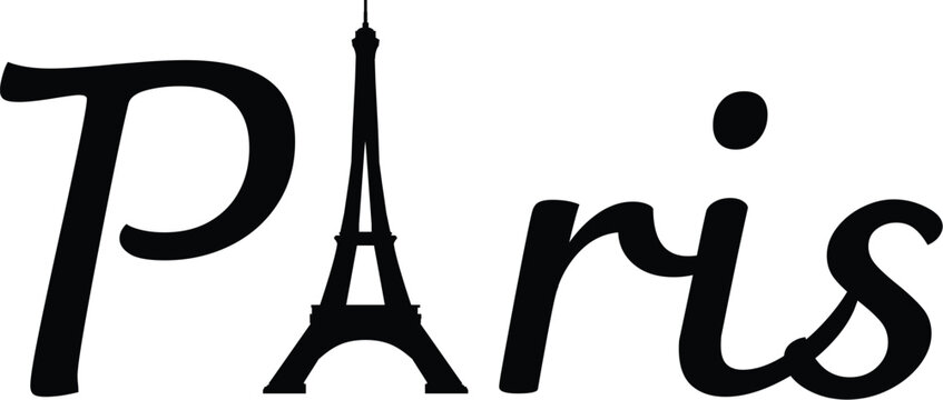 Paris Text Design with Eiffel Tower Silhouette, Creative France Landmark Typography, Romantic Travel Illustration for Tourism Branding and Souvenir Graphics, Minimalist City Symbol Art