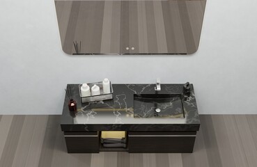 Stylish contemporary bathroom vanity unit featuring a dark marble top and integrated basin