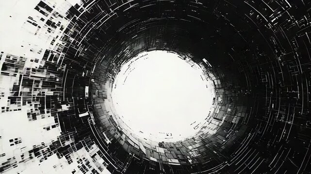 Black circular data vortex forms a digital tunnel of fragmented pixels and lines on white background, evoking glitchy cyber disruption, motion, and futuristic network flow