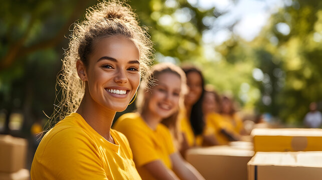 Group of smiling volunteers in yellow shirts participating in a community service event outdoors, surrounded by trees