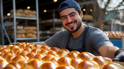 Smiling baker showcasing freshly baked golden rolls in a bustling bakery with warm lighting and shelves of bread