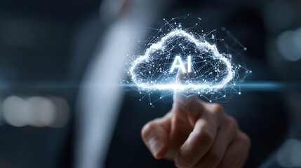 Businessman Touching AI Cloud Network for Artificial Intelligence Data Computing and Tech Innovation Concept