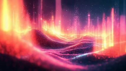Glowing digital particles creating a futuristic landscape with data streaming upwards, representing concepts of big data, artificial intelligence, networking, and interconnected technology - Powered by Adobe