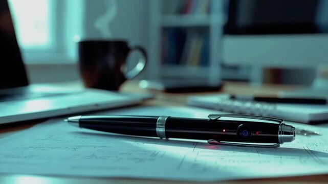 A sleek black ballpoint pen with hidden spy camera on office desk secretly recording with blinking red light static shot, generative ai