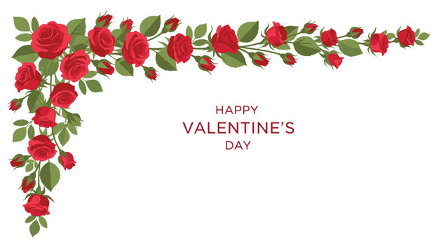 Elegant corner border design featuring a beautiful arrangement of vibrant red roses and lush green leaves, encompassing "Happy Valentine's Day" text in the center.