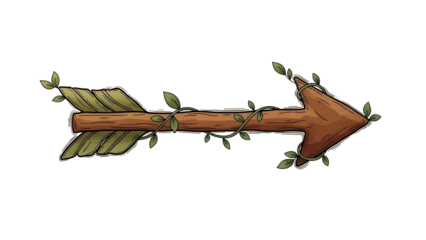 Rustic wooden arrow pointing right wrapped in green vines and leaves isolated on white background