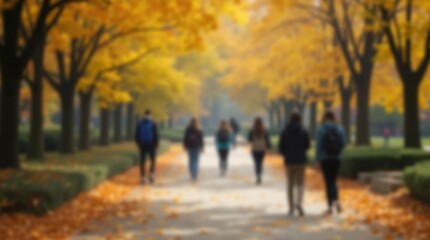 Blurry background of students walking on leaf covered campus
