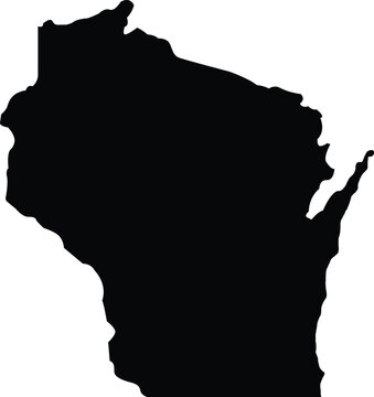 Black silhouette map of Wisconsin state outline isolated on white background. Simple geographic vector for US regional maps, travel guides, midwest tourism, and state pride business branding.
