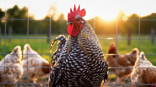 Rooster By Fence, Bird Positioned Beside Wire Fence During Sunset With Flock Behind, Cock Perched Near Enclosure At Dusk With Group Of Birds In Background And Glowing Edges