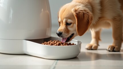 Close up automatic pet feeder pouring brown kibble into bowl
