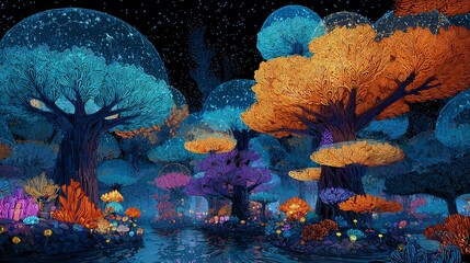 Whimsical forest with vibrant, colorful trees and a dark, starry sky