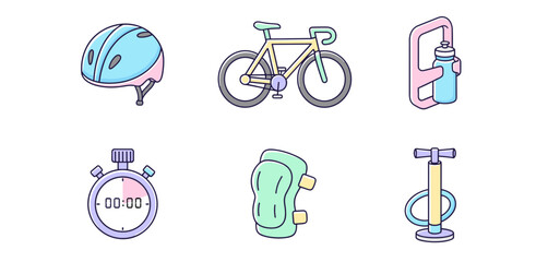 Cycling and bike accessories set featuring road bicycle helmet water bottle stopwatch knee pad and air pump icons for active lifestyle © cheng