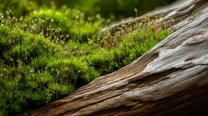 A mossy log with green moss growing on it. The moss is covering the log in a thick layer