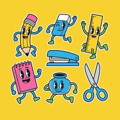 Vintage rubber hose style cartoon school supplies characters with pencil eraser ruler stapler notebook ink pot and scissors for kids education