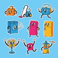 Cute retro cartoon character stickers of home appliances set, vintage aesthetic animated household electronics like toaster vacuum and fridge