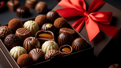 Luxury chocolate truffles assortment in dark gift box with red silk bow featuring gourmet pralines and caramel filled sweets for valentines day gourmet dessert collection for special occasions