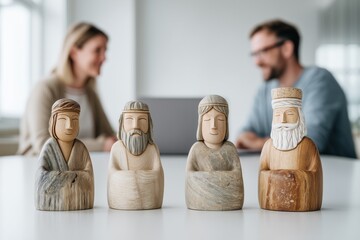 Neolithic Style Wooden Figurines Displayed on Table During Modern Startup Meeting, Ancient Human Forms Juxtaposed With Contemporary Business Setting, Leadership and Collaboration