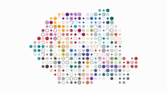 Romania animation. Shape of the country with pulsating colored dots. Large size circle blocks. Digital style Romania map on white background. Abstract video.