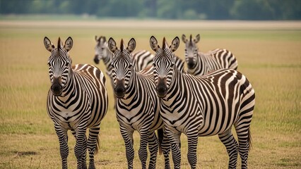 Herd of zebras standing together in savannah grassland looking directly at camera
