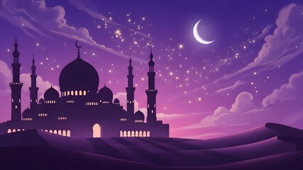 A serene mosque silhouette under a starry night sky with a crescent moon