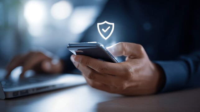 Businessman Using Smartphone with Glowing Shield Check Mark Icon for Mobile Security and Verified Data Protection Concept