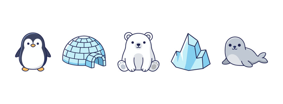 Arctic Wildlife and Winter Landscape Icons Featuring Penguin Igloo Polar Bear Iceberg and Seal for Nature Conservation Design