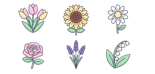 Beautiful Flower Varieties Set Including Tulips Sunflower Daisy Rose Lavender and Lily of the Valley for Botanical Design and Floral Decoration