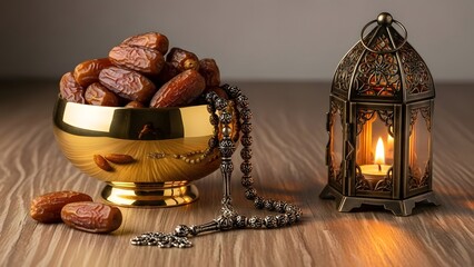 A serene Ramadan setup with dates, lantern, and rosary on a wooden table