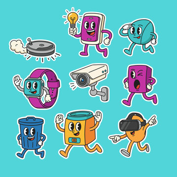 Fun Retro Style Smart Technology Characters with Animated Vacuum Robot Lightbulb Smartwatch Security Camera VR Headset and Modern Household Icons