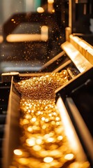 Industrial gold processing on a conveyor belt in a refinery or mining facility