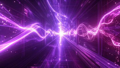 Abstract purple energy waves in a futuristic tunnel background.