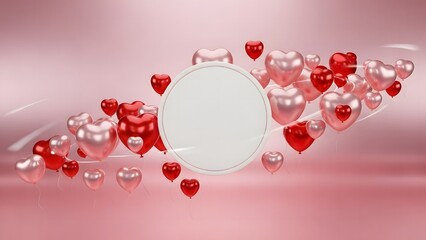 Romantic heart-shaped balloons float around a blank circle for text on pink background