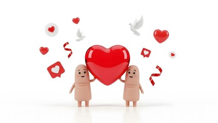 Two finger characters holding a large heart with doves and confetti, celebrating love