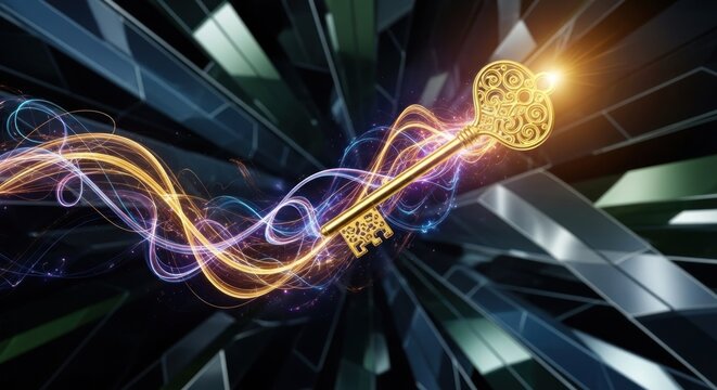 A golden key with intricate designs, emerging from a colorful, abstract background with geometric shapes and glowing lines.