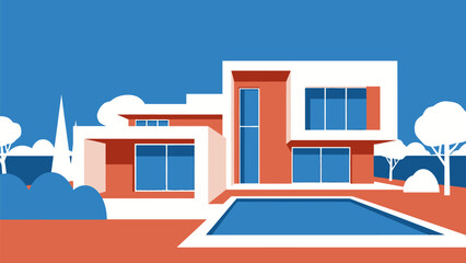 Modern Architectural Design of a Sleek House with a Swimming Pool and Lush Greenery Under a Clear Blue Sky