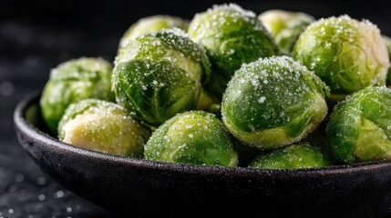Black bowl filled with fresh green broccoli, sprinkled with salt. The bowl is placed on a dark surface, creating a contrast between the vibrant green of the broccoli and the black of the bowl