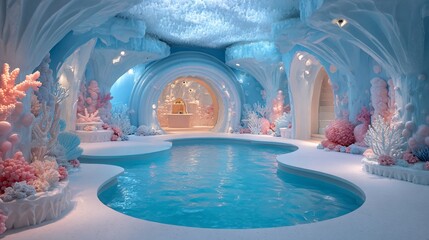 Whimsical indoor pool area with coral accents, soft lighting, and a dreamy aesthetic