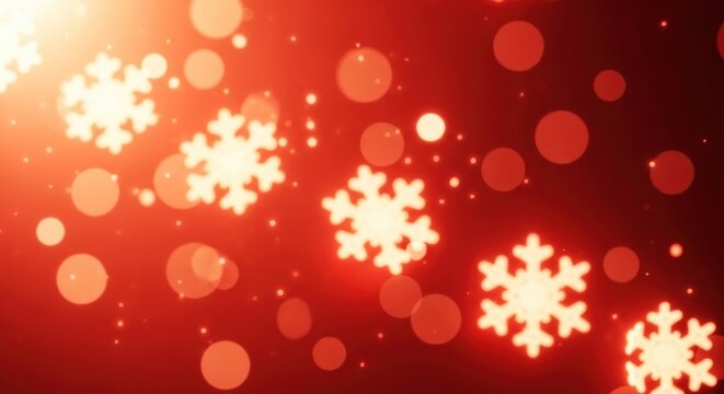 Red and gold snowflakes against a red background with glowing lights. - Powered by Adobe
