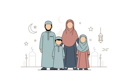 Muslim family in traditional clothing standing together on white background