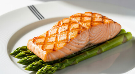 Perfect grilled salmon fillet with light char marks, served on a bed of bright green asparagus, white plate, minimalist presentation, soft natural light, high-end culinary photography, clean and healt