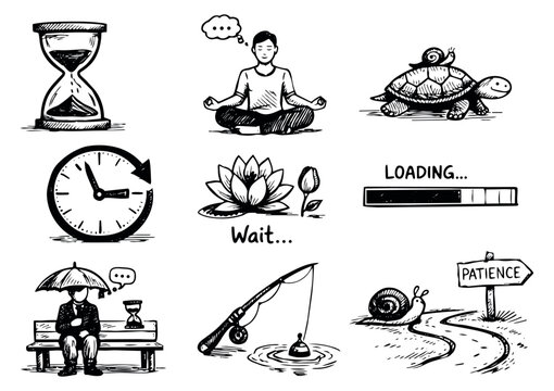 Hand drawn line art icons set featuring elements symbolizing time, waiting, and patience for concepts of slowness and mindfulness