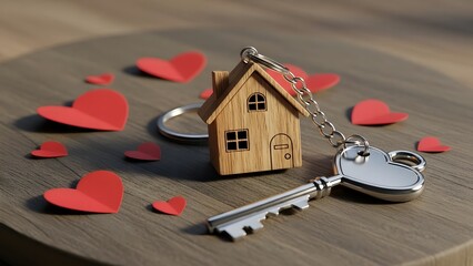 Wooden house keychain with a silver key surrounded by red hearts on a wooden surface.