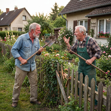Two Elderly Men Argue While Gardening With Shovel and Pitchfork in a Cheerful Home Garden