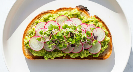 Aesthetic avocado toast on thick sourdough bread, topped with thinly sliced radishes and microgreens, bright white plate, top-down view, minimalist food styling