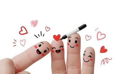 Drawn faces on fingers with hearts, celebrating family and love.