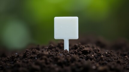 Macro view of white plastic plant tag stuck in dark soil
