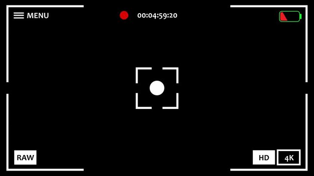 Camera Recording Overlay Screen with Viewfinder and HUD Elements. Cinematic camera recording screen overlay with REC dot, timecode, focus frame, battery indicator, menu icon, RAW mode, and HD 4K label